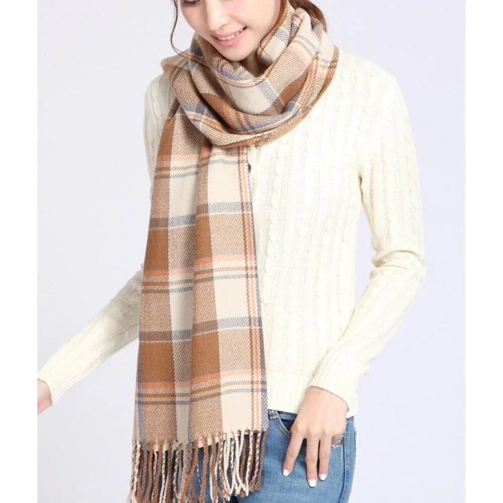 Women's Beige Fashion Long Shawl Big Grid Winter Warm Lattice Large Scarfs
